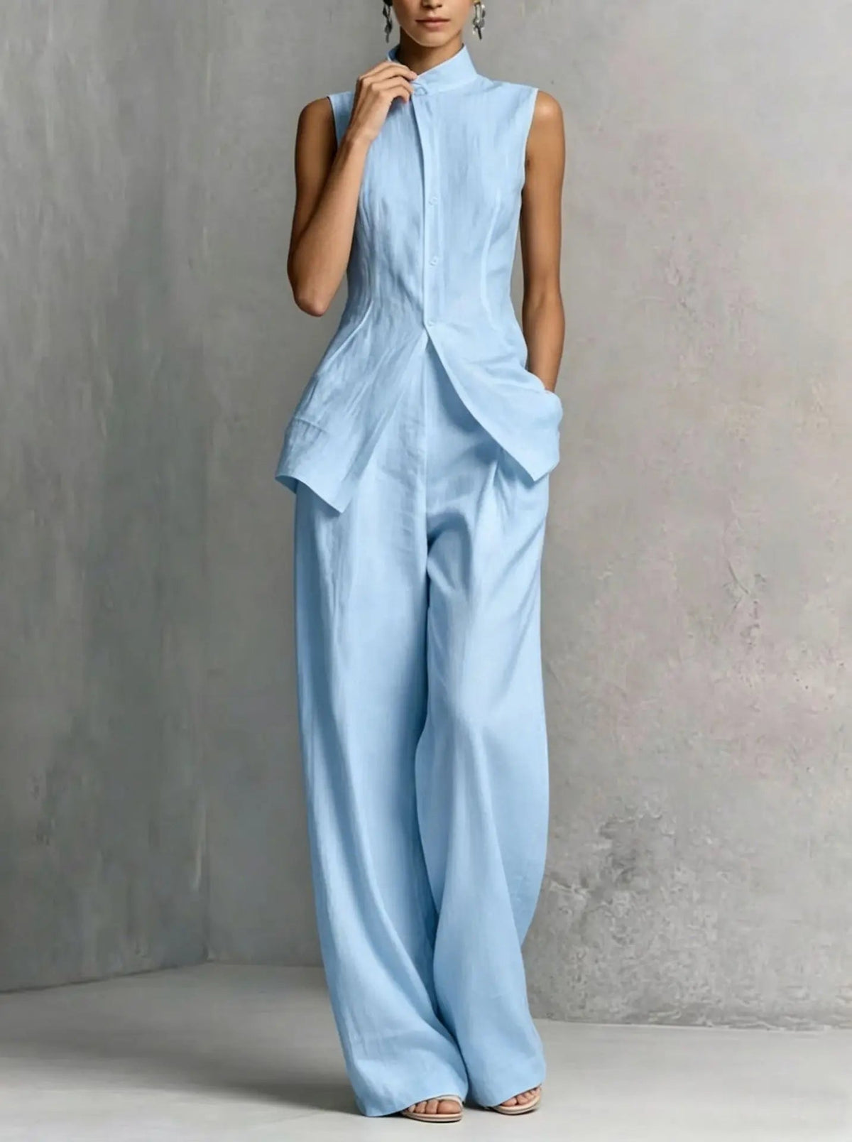 Women Fashion Black 2-Piece Outfit Sleeveless High Neck Button-Front Closure Vest High Waist Wide Leg Pants Elegant Formal Set Good Vibrations