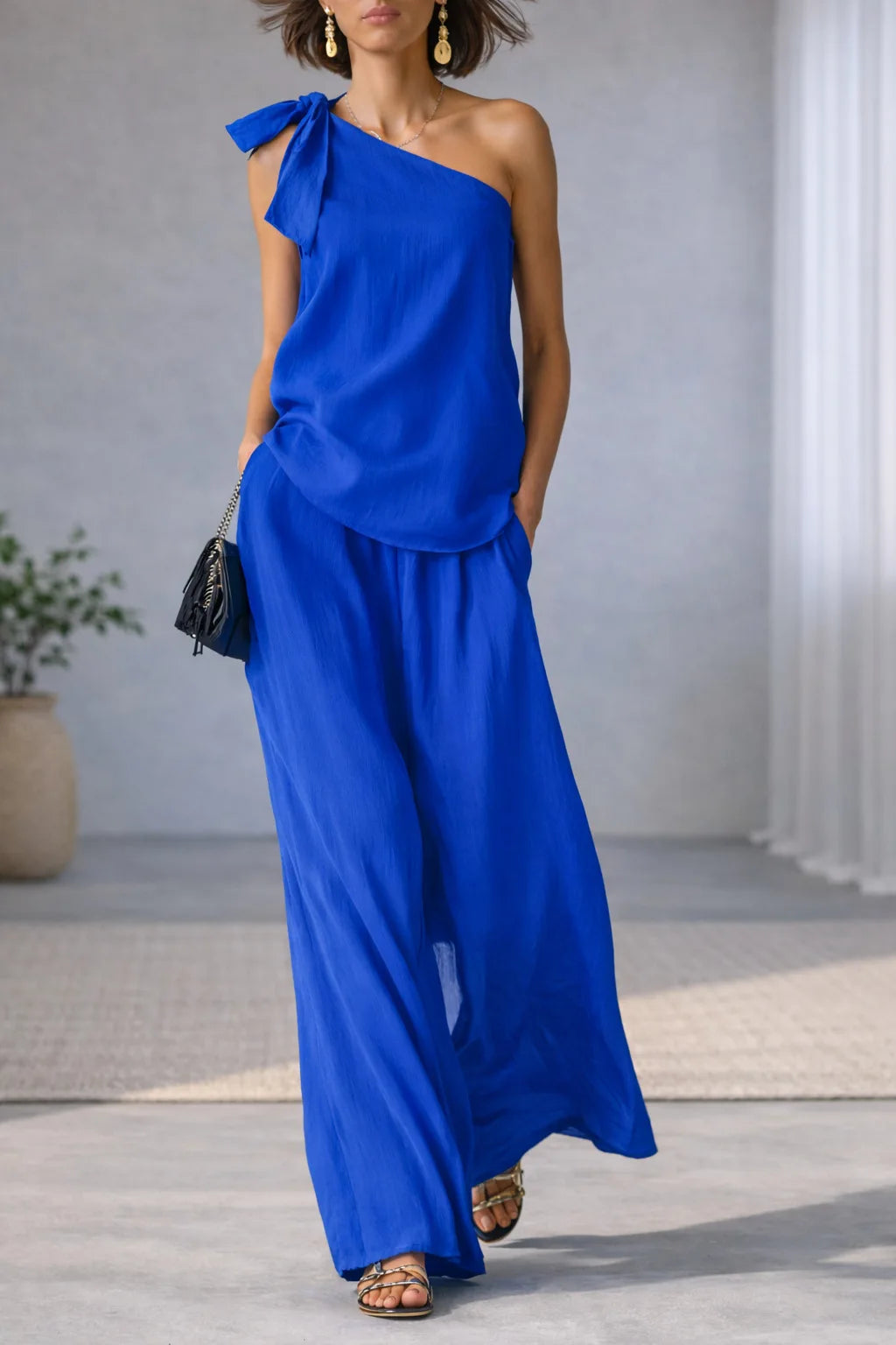 Women's 2 Piece Set 2026 Summer Sexy One Shoulder Tie Knot Top And Wide Leg Pants Suit Casual Loose Summer Beach Vacation Outfit Good Vibrations