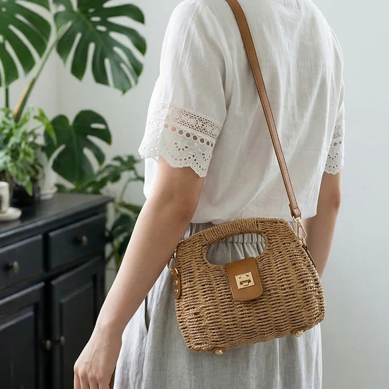 Women's Shoulder Bag Casual Boho Woven Straw Crossbody Bag Lightweight Handmade Summer Beach Vacation Resort Good Vibrations