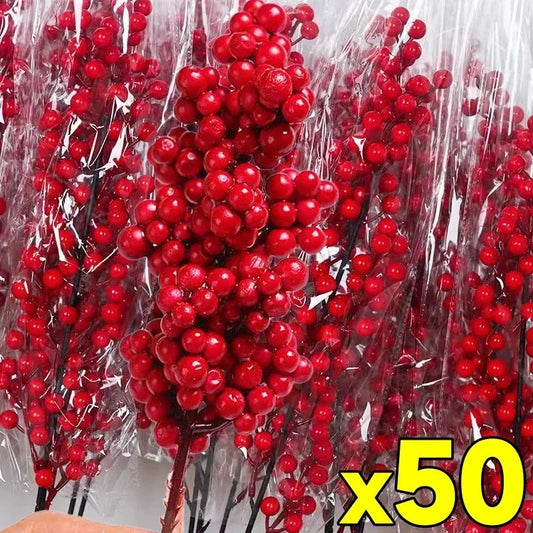 Christmas Red Berries Fake Plants Flowers Artificial Holly Berry Stamen Wreath Ornaments for Xmas Tree Party Home Decor Good Vibrations
