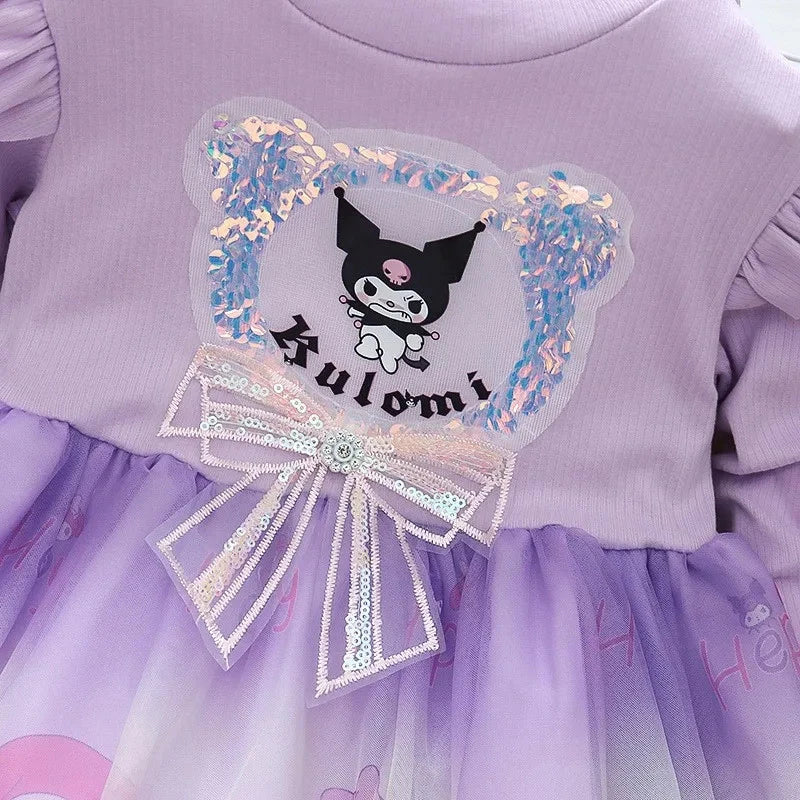 Fashion Girls Dress Spring Autumn Mesh Cartoon Kuromi Long Sleeve Princess Dresses for 2-6 Years Kids Birthday Party Costume Good Vibrations
