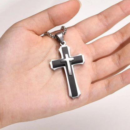 3D Cross Pendant Necklaces for Men Boys,Black Gold Color Stainless Steel Cross Necklace,Hiphop Punk Party Gift Good Vibrations