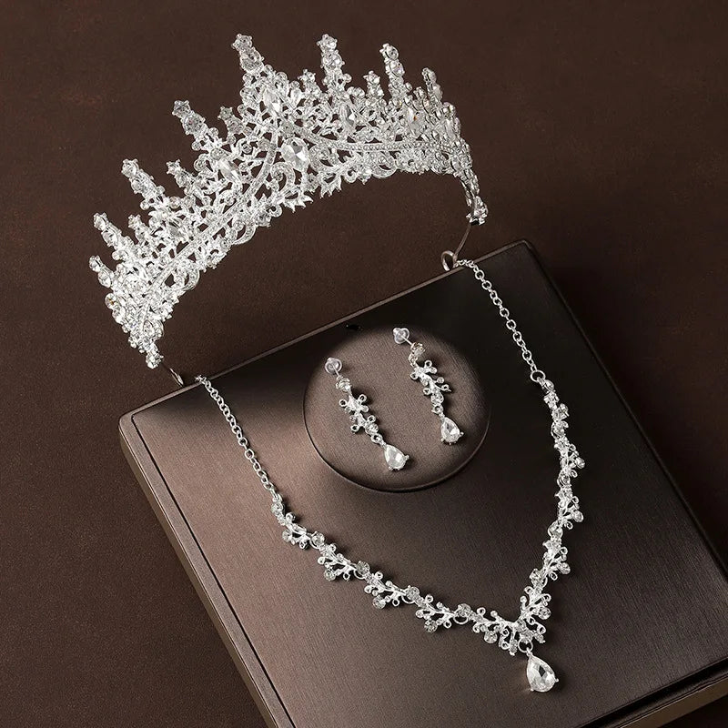 Bridal Wedding Jewelry 4-piece Set, Alloy Crystal Crown&Crystal Necklace&Earrings Women's Classic Wedding Tiaras Good Vibrations
