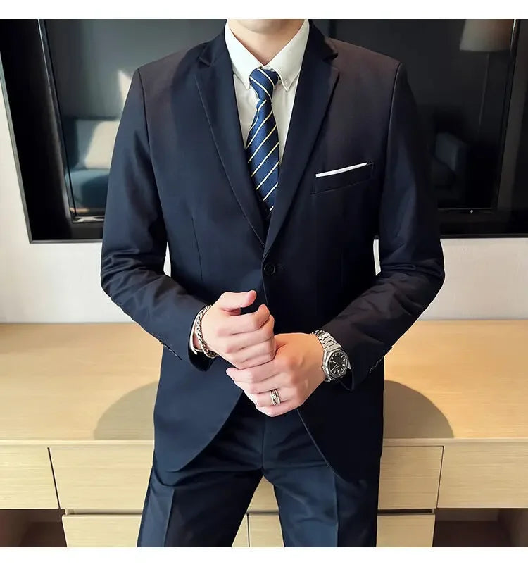 Suit (suit +Vest+Pants) Formal Business Men Four Seasons Professional Fashion Gentleman Solid Color Outdoor British Style Suit