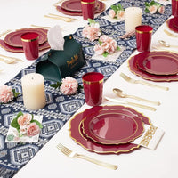 Plates Disposable, 50 Plastic Maroon Plates, Red Plastic Dinnerware Set, 25 10oz Cups, 75 Gold Cutlery, 25 Gold Napkins Good Vibrations