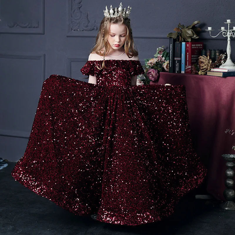 Girl's Western Style Evening Dress Flower Girl Sequined Catwalk Host Piano Performance Princess Dress Good Vibrations