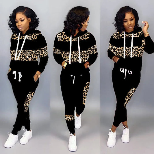 Two Piece Sets Women Pant Set Leopard Print Hoodies Sweatshirts Full Sleeve Tops Long Pants Lace Up Elastic Waist Autumn Good Vibrations