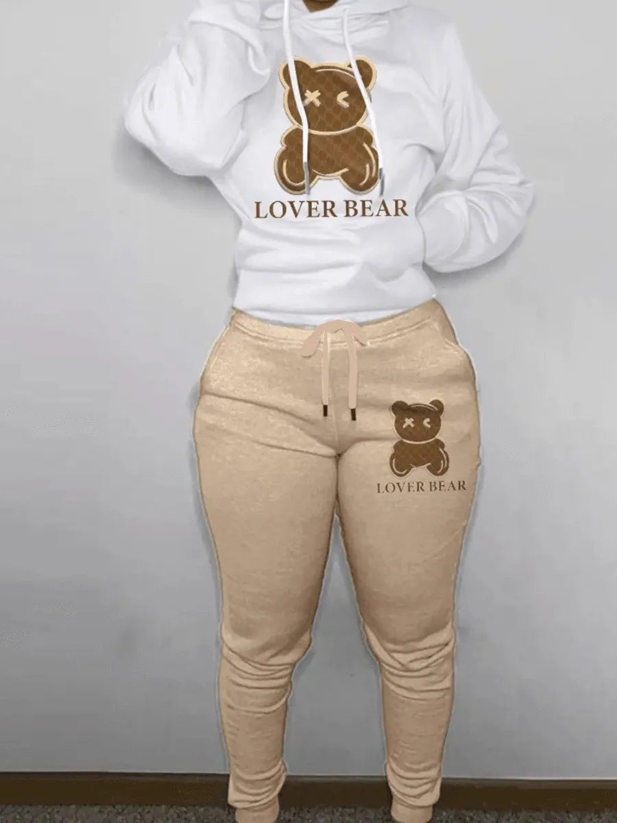 Autumn and winter women's loose and fashionable plus size cartoon bear print hooded sweater+woolen pants set Good Vibrations