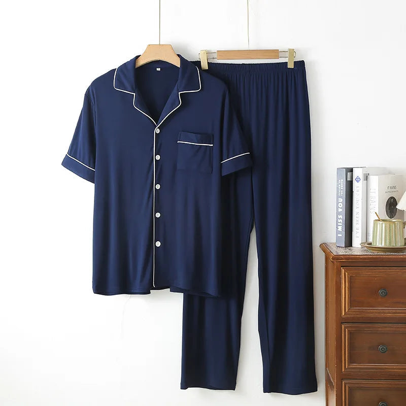 Simple Solid Color Bamboo Men's Pajamas Spring and Summer Short-sleeved Trousers Loose and Wearable Loungewear Suit Good Vibrations