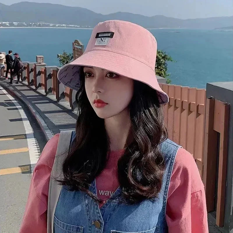 Double-sided Wear Women Bucket Hat Korean Fashion Letter Print Fisherman Hats For Girl Summer Outdoor Beach Basin Cap Good Vibrations