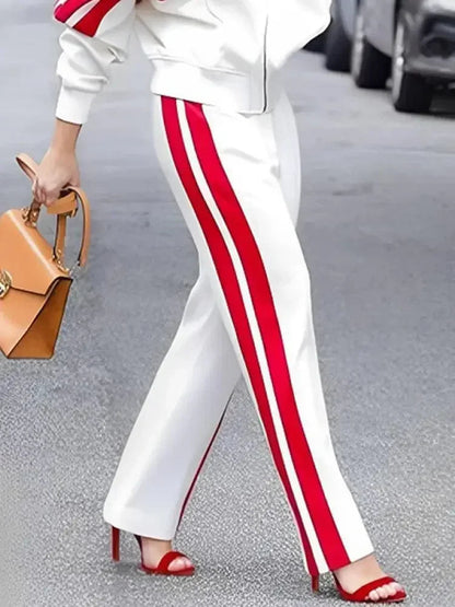 Missuoo 2024 Autumn New Side-Striped Pant Sets for Women Stand Collar Long Sleeve Jackets and High Waist Casual Straight Pants Good Vibrations