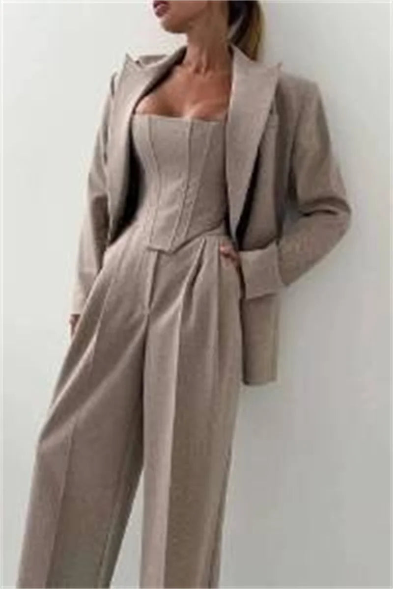 3 Pieces Herringbone Women's Suits Pants Set Top Bra+Blazer+Trousers or Skirt Formal Office Lady Prom Jacket Coat Winter Outfit Good Vibrations