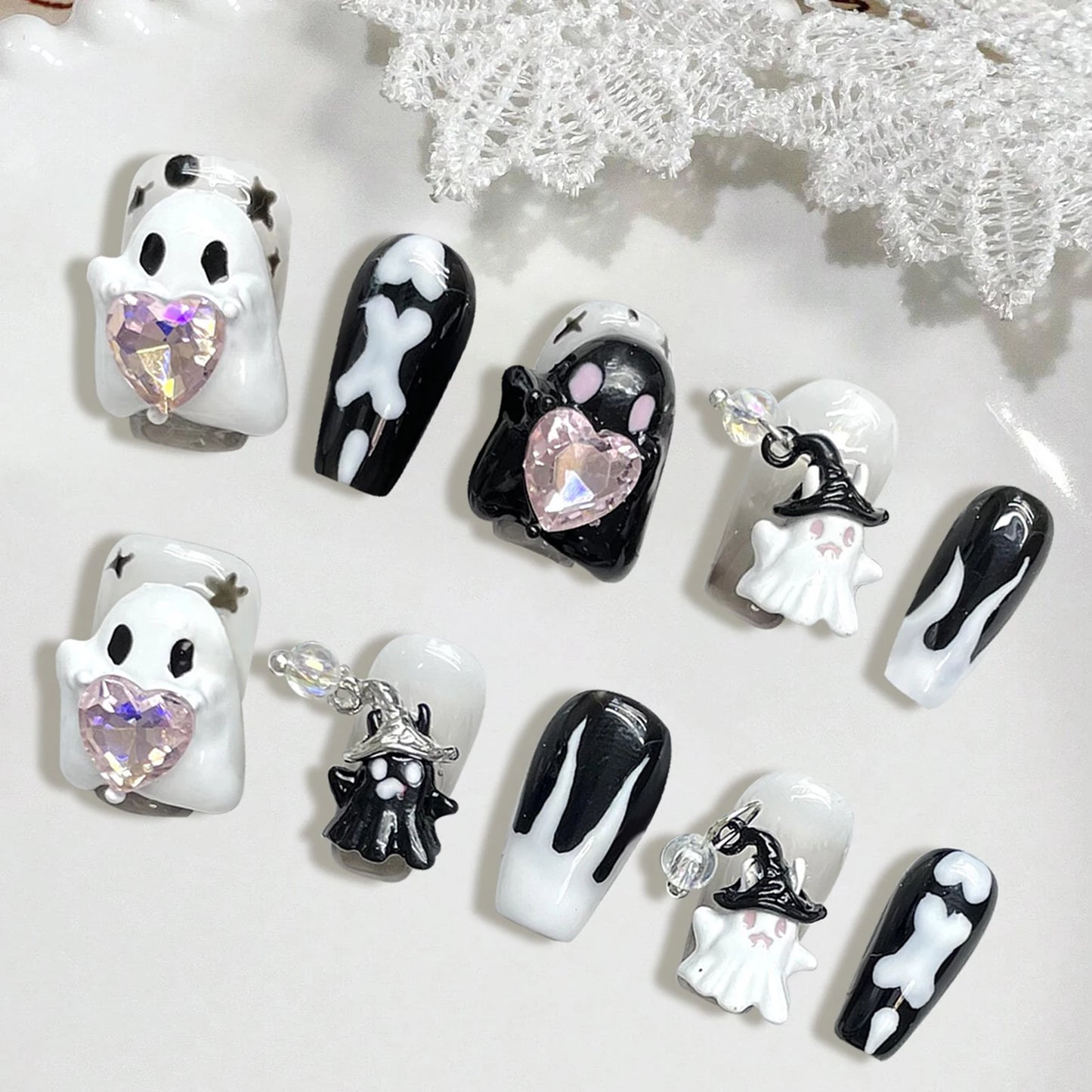 Handmade Press on Nails Cute White Ghost 3D Crystal Decor False Nails Full Cover Wearable Sweet Cool Girls Halloween Fake Nails Good Vibrations