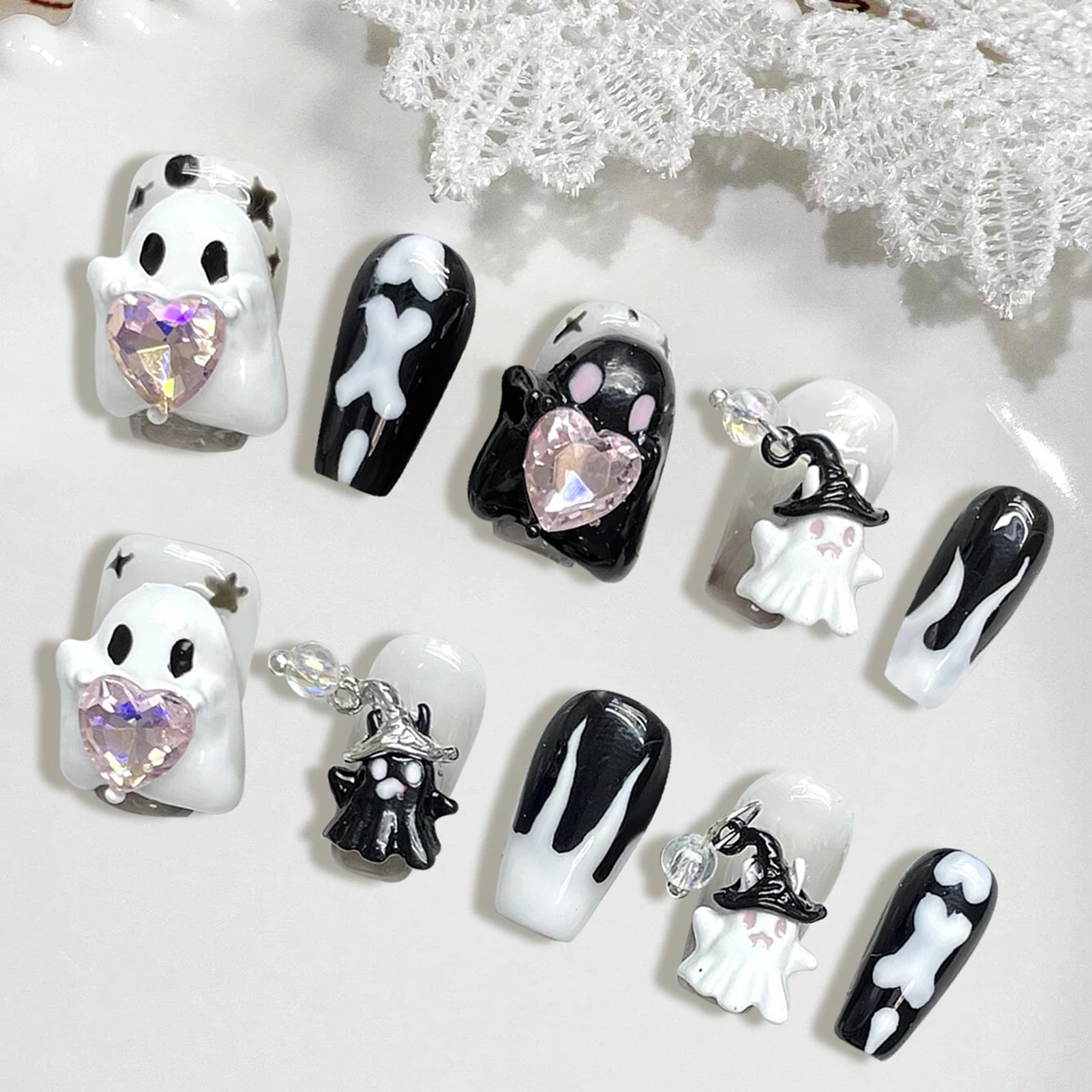 Handmade Press on Nails Cute White Ghost 3D Crystal Decor False Nails Full Cover Wearable Sweet Cool Girls Halloween Fake Nails Good Vibrations