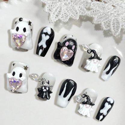 Handmade Press on Nails Cute White Ghost 3D Crystal Decor False Nails Full Cover Wearable Sweet Cool Girls Halloween Fake Nails Good Vibrations
