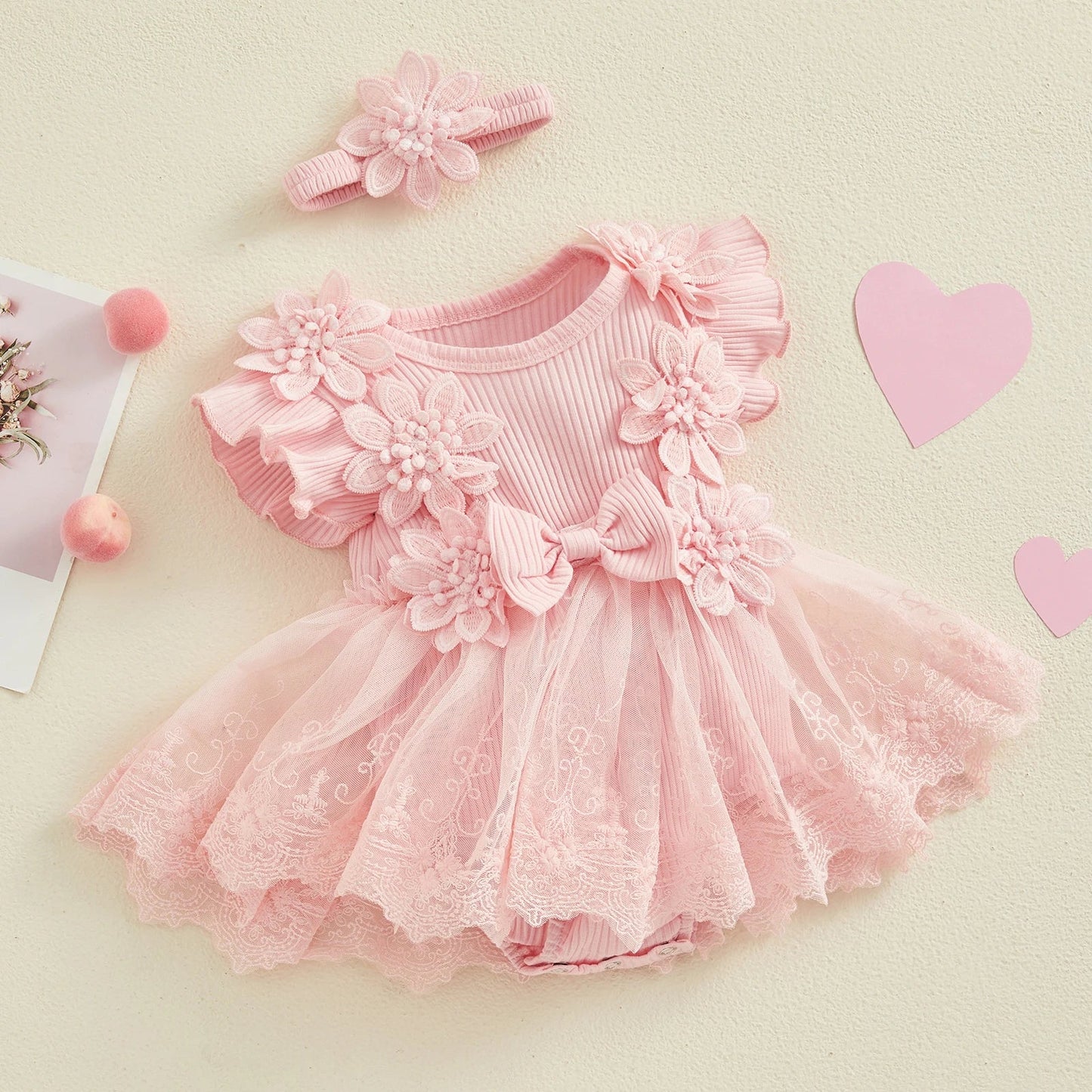 3D Flower Summer Baby Girls Romper Princess Mesh Newborn Clothes Lace Patchwork Ruffle Bodysuit Dress Headband Kids Clothing Good Vibrations