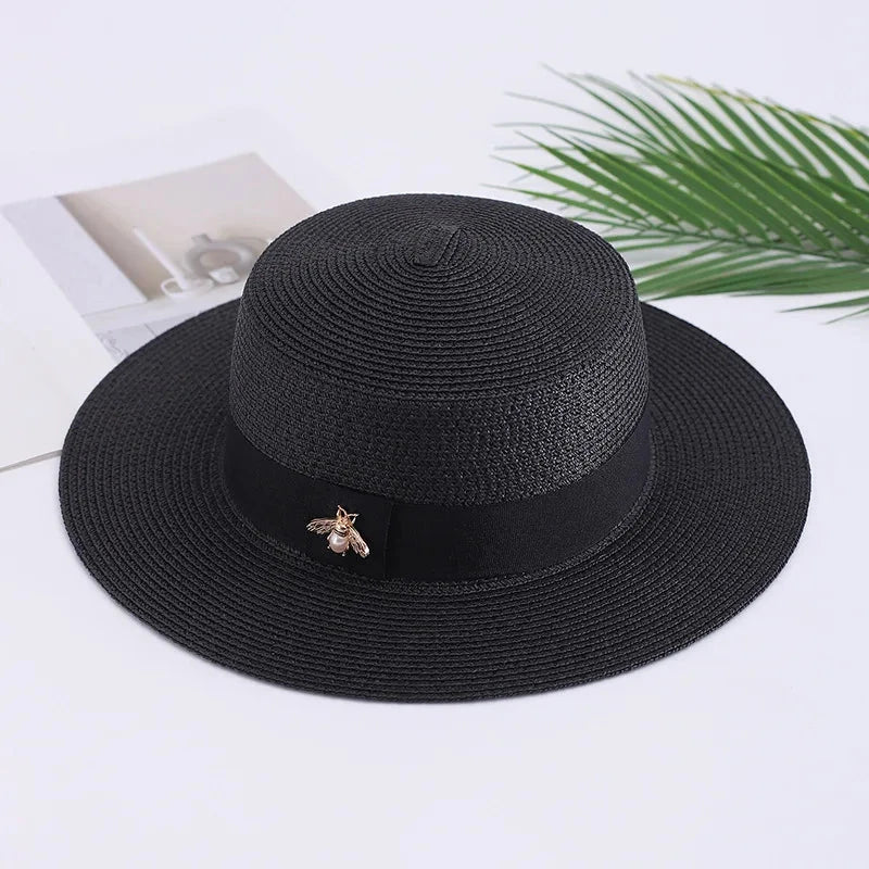 new Ladies Sun Fedora Hats Small Bee Shiny Straw Hat European American Retro Gold Female Sunshade Flat Sequins Hat Good Vibrations