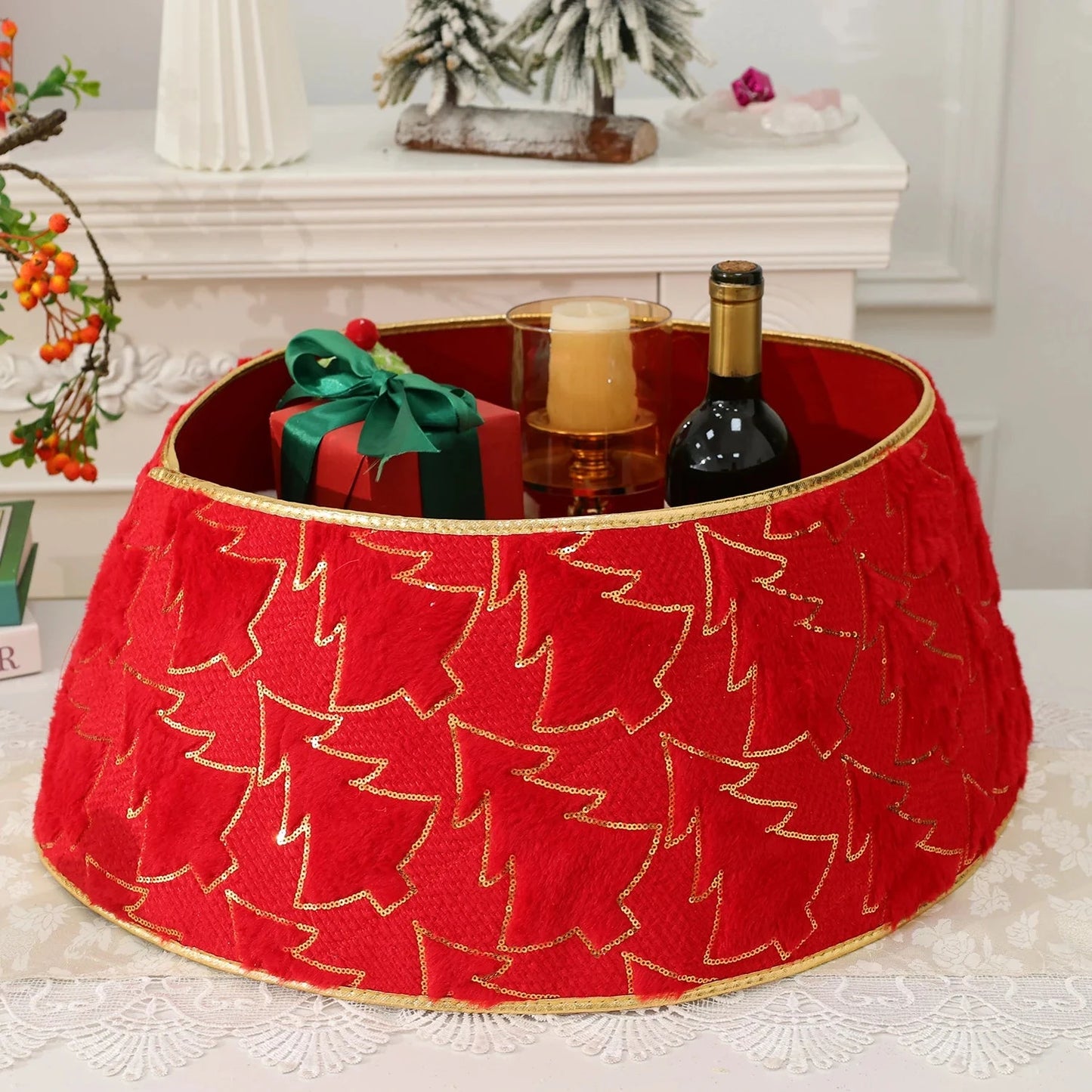 Christmas Tree Collar Red and Green Felt Decorations Tree Skirt Alternative Stereoscopic Tree Bottom Surrounder Party Display Good Vibrations