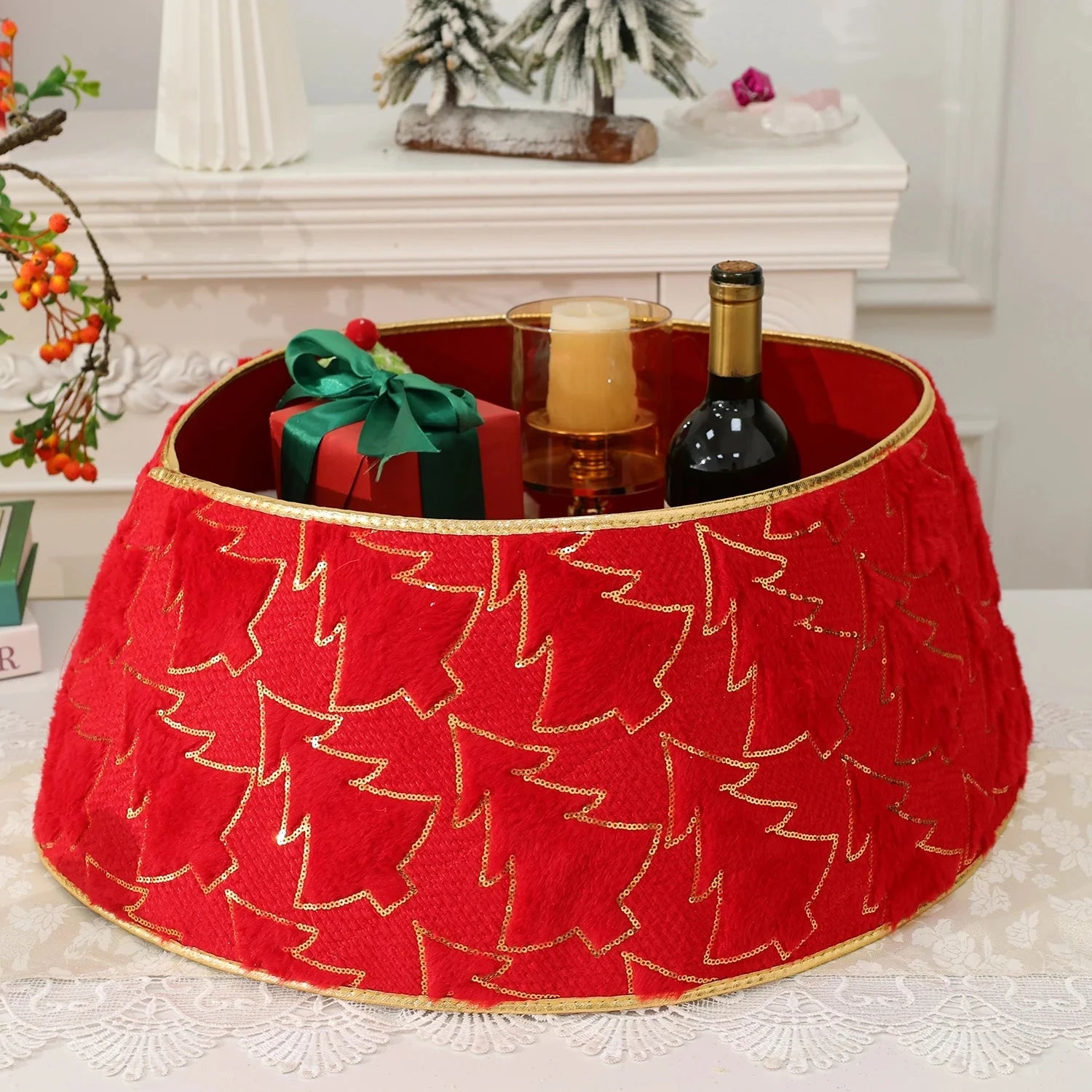 Christmas Tree Collar Red and Green Felt Decorations Tree Skirt Alternative Stereoscopic Tree Bottom Surrounder Party Display Good Vibrations