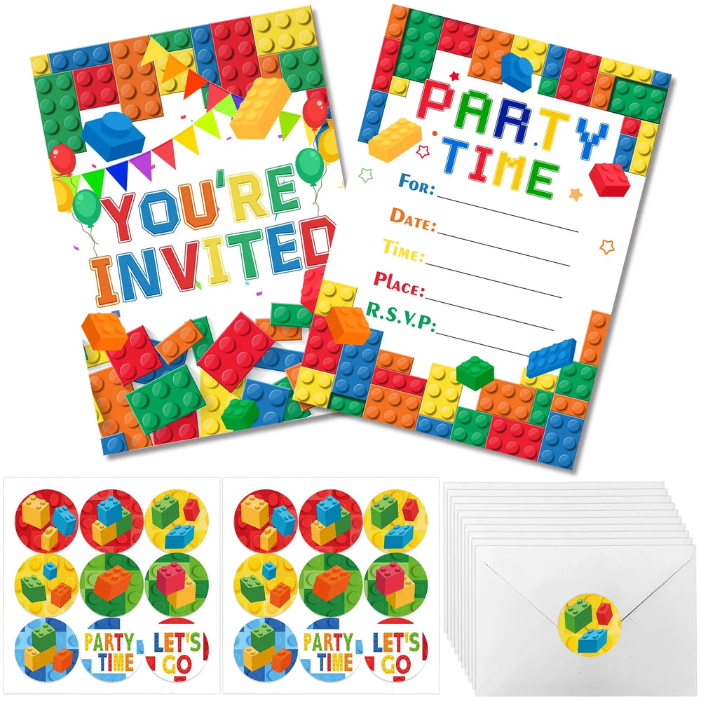Building Blocks Birthday Invitations, Brick Party Invitation Card Building Birthday Invites with Stickers & Envelopes(24 Guests) Good Vibrations