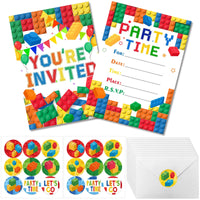 Building Blocks Birthday Invitations, Brick Party Invitation Card Building Birthday Invites with Stickers & Envelopes(24 Guests) Good Vibrations
