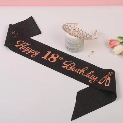 2Pcs/Set Crown and Pearl Pin Set for 18th Birthday - Happy 18th Birthday Sash, Tiara, Cake Topper, Decorations and Gift for Her Good Vibrations