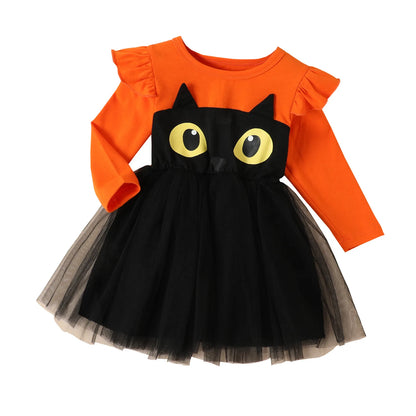 Halloween Kids Dress Girls Autumn Long Sleeve Cotton Cartoon Cat Print Tulle Skirt  European American Style Party Costume Good Vibrations