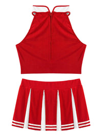 Carnival Costume 2Pcs Womens Adults Cheerleading Uniform Cosplay Outfit Crop Top with Mini Skirt Halloween Fancy Dress Up Party Good Vibrations