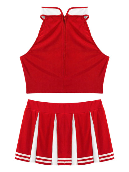 Carnival Costume 2Pcs Womens Adults Cheerleading Uniform Cosplay Outfit Crop Top with Mini Skirt Halloween Fancy Dress Up Party Good Vibrations