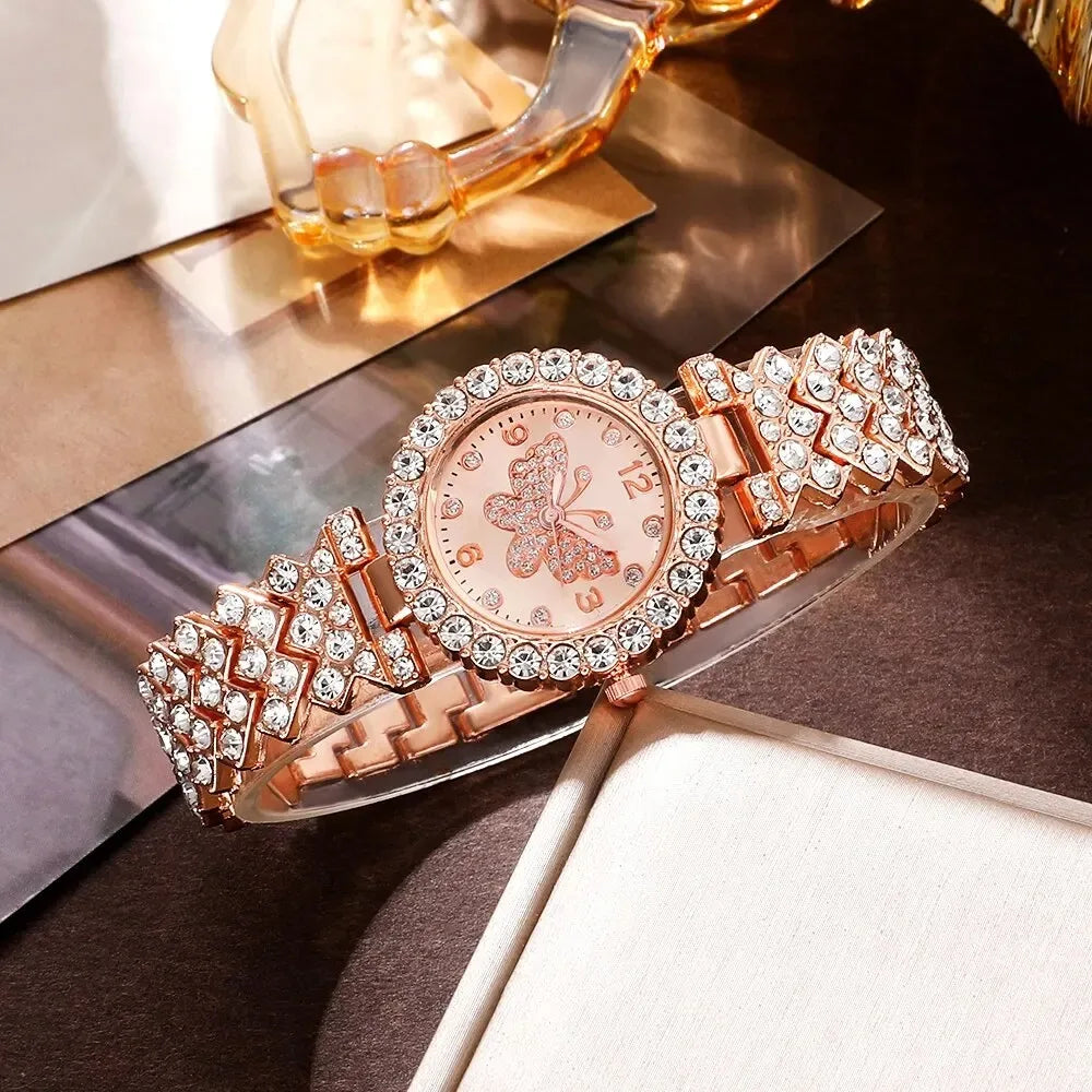 6 Piece Jewelry Set Rose Gold Luxury Watches Women Rings Necklace Earrings Rhinestone Fashion Watches Casual Women Watches Good Vibrations Adult Super Store