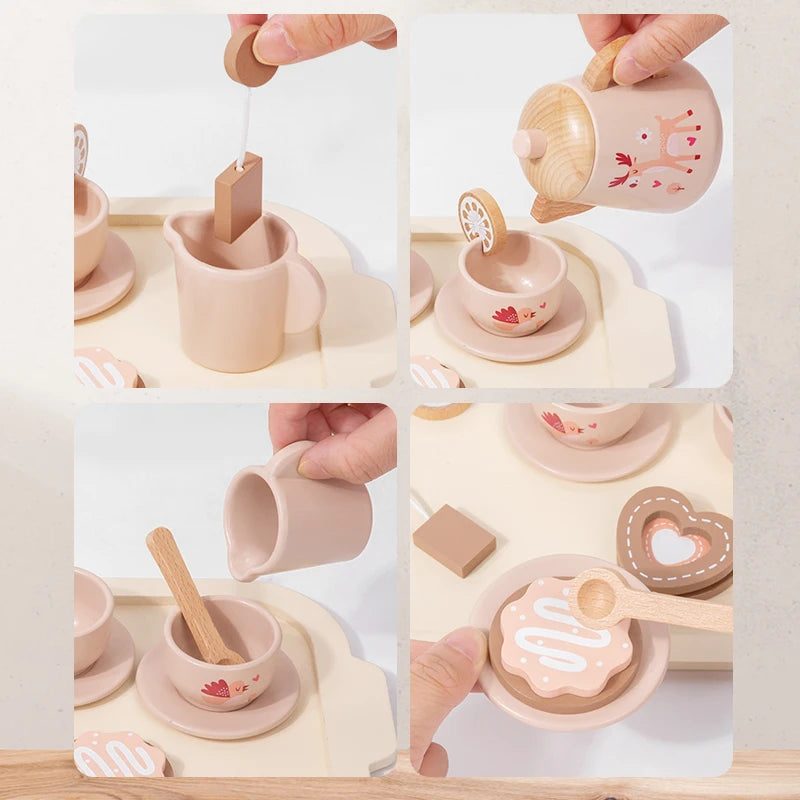 Afternoon Tea Set Wooden Toy Pretend Play Food Learning Role Play Game Early Educational Toys for Toddlers Girls Boys Kids Gifts Good Vibrations