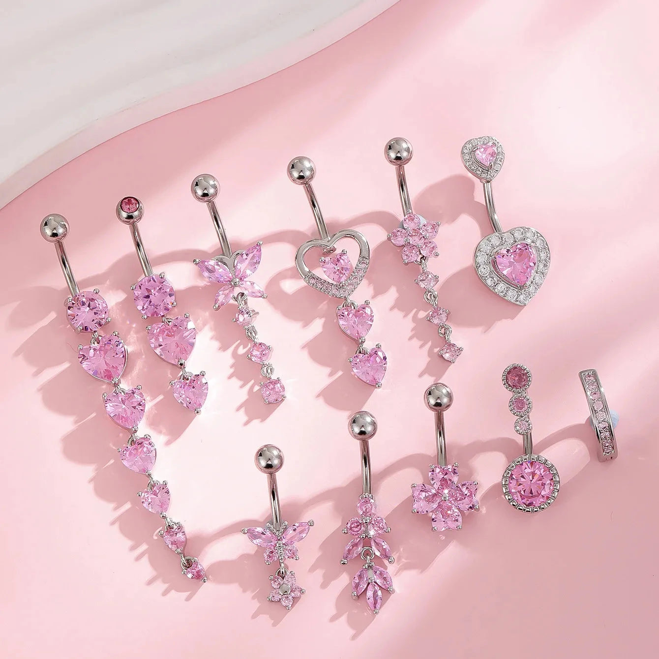 Fashion Pink Crystal Crown Belly Button Rings Stainless Steel Long Pendant Butterfly Heart Navel Piercing for Women Jewelry Good Vibrations Adult Super Store
