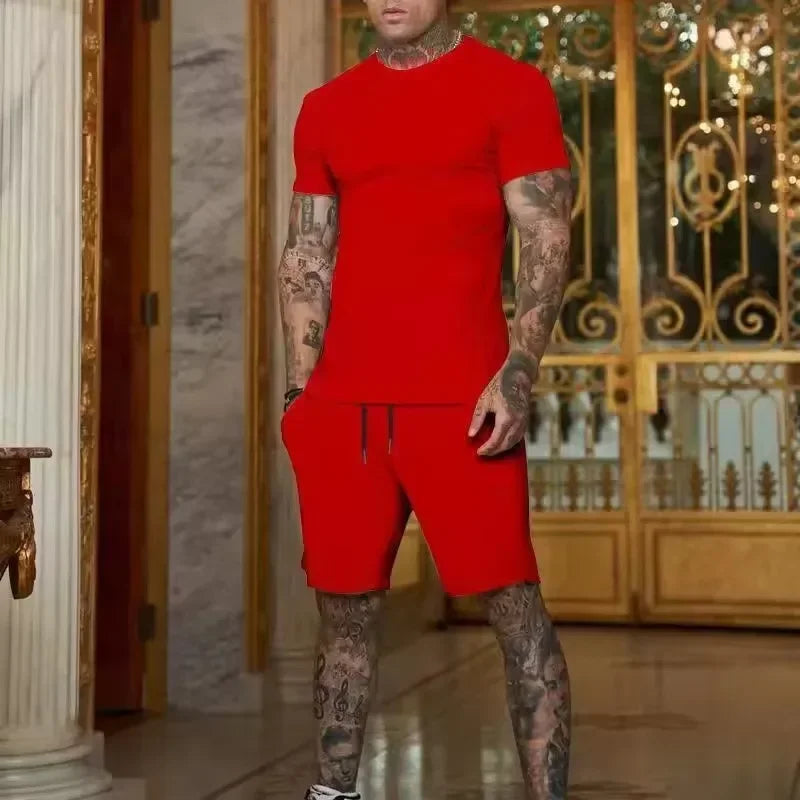 2025 Fashionable and casual summer outdoor sports suit men's breathable T-shirt shorts casual and fashionable two-piece set Good Vibrations