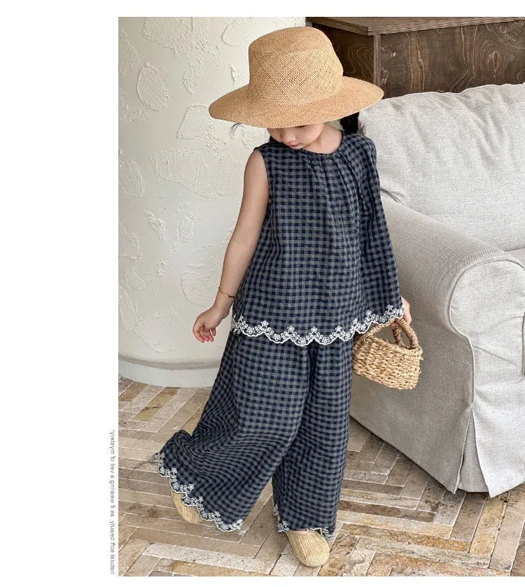 Girls' Summer Outfit New Kids Temperament Plaid Lace Vest+Wide Leg Pants Two-piece Set Trendy Children's Clothing Sets Good Vibrations