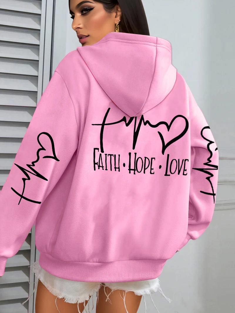 Faith Hope Love Letter Graphic Printed Women Hoodies Fleece Harajuku Hoody Casual Loose Y2K Clothes Pocket Autumn Pullover Good Vibrations
