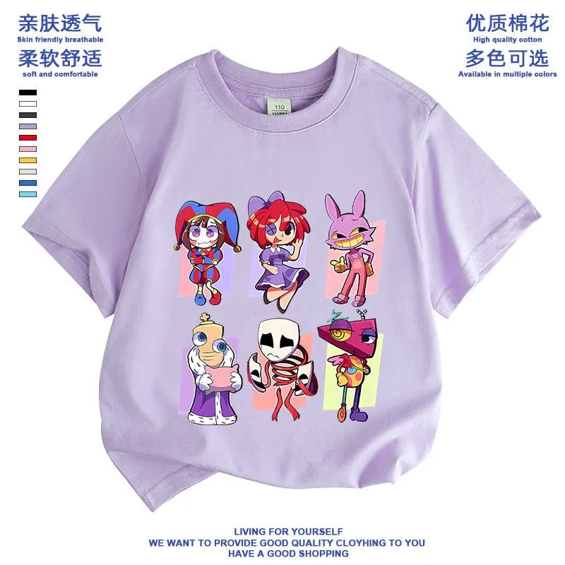 2026 Pure cotton boys and girls' short-sleeved T-shirt summer children's clothing cartoon magic digital circus children's top Good Vibrations