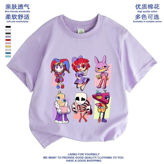 2026 Pure cotton boys and girls' short-sleeved T-shirt summer children's clothing cartoon magic digital circus children's top Good Vibrations
