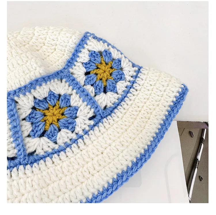 2024 Spring New Crochet Hat Korean Handmade Bucket Hat Women's Weaving Knitted Hat Y2k Fashion Flowers Autumn Winter Ins Beanies Good Vibrations
