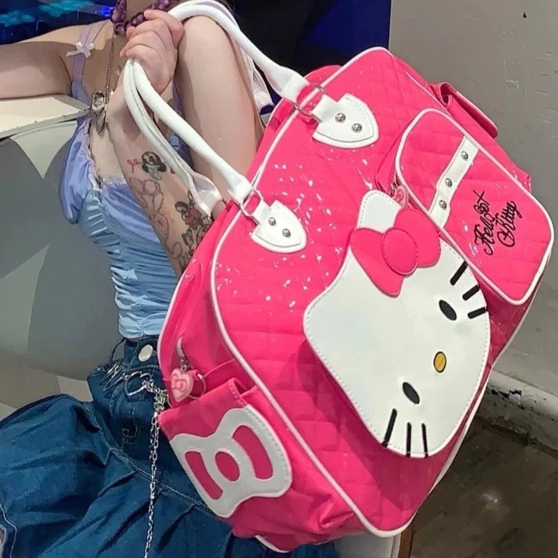 Sanrio Hello Kitty Large Capacity Crossbody Bag Pink Shoulder Bags For Women Y2k Sweet Girl PU Leather Handbag Good Vibrations
