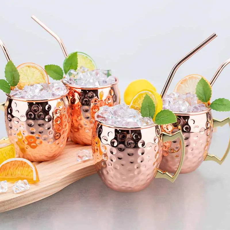 Moscow Mule Mug Set with Straw Copper Plated Hammered 350ml - 304 Stainless Steel Mini Cups with Gift Box for Bar and Home Good Vibrations