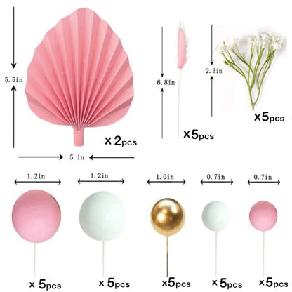 Suit Gold Palm Leaf Paper Fan Happy Birthday Cake Topper Metal Ball Flower Baby Shower Party Cupcake Decor Wedding Cake Toppers Good Vibrations