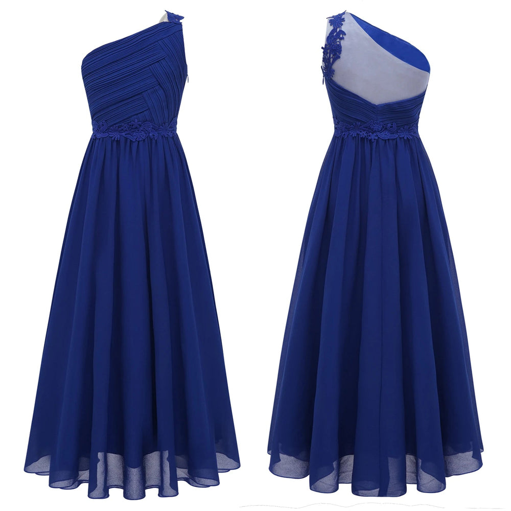 Girls Wedding Bridesmaid Dress One Shoulder Elegant Guipure Lace Ruched Chiffon Maxi Party Dresses Birthday Evening Prom Gown Good Vibrations