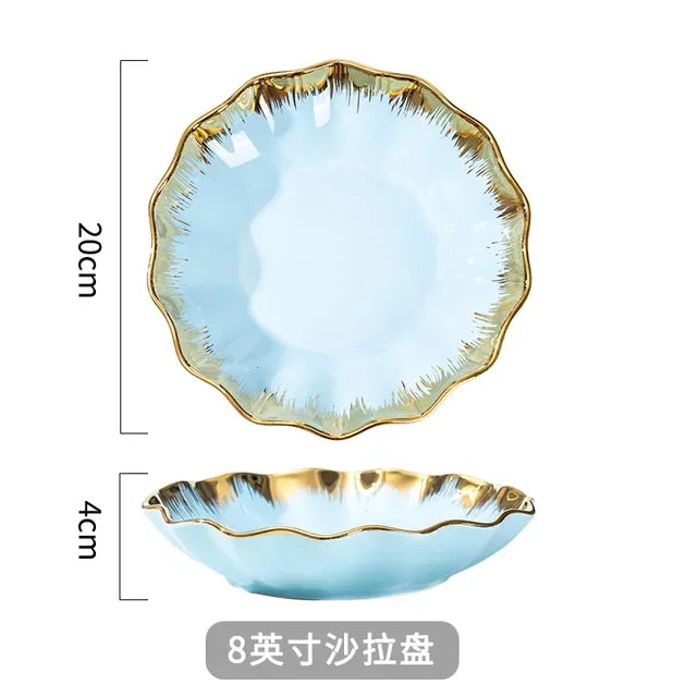 Nordic Luxury Ceramic Bowl Plate Set Tableware Creative Salad Vegetable Fruit Plate Dessert Noodle Bowl Crockery 8 inch Good Vibrations