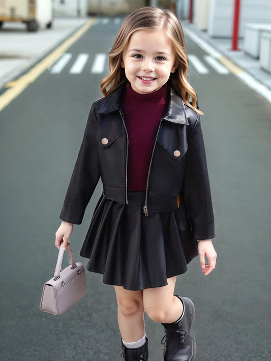 Children's Clothing for Girls, Spring and Autumn Stylish Pu Jacket and Versatile Short Skirt Two-Piece Set, New Fashion Street Style Cool Half Skirt, Easy to Clean, New Versatile Pu Leather Outfit Good Vibrations