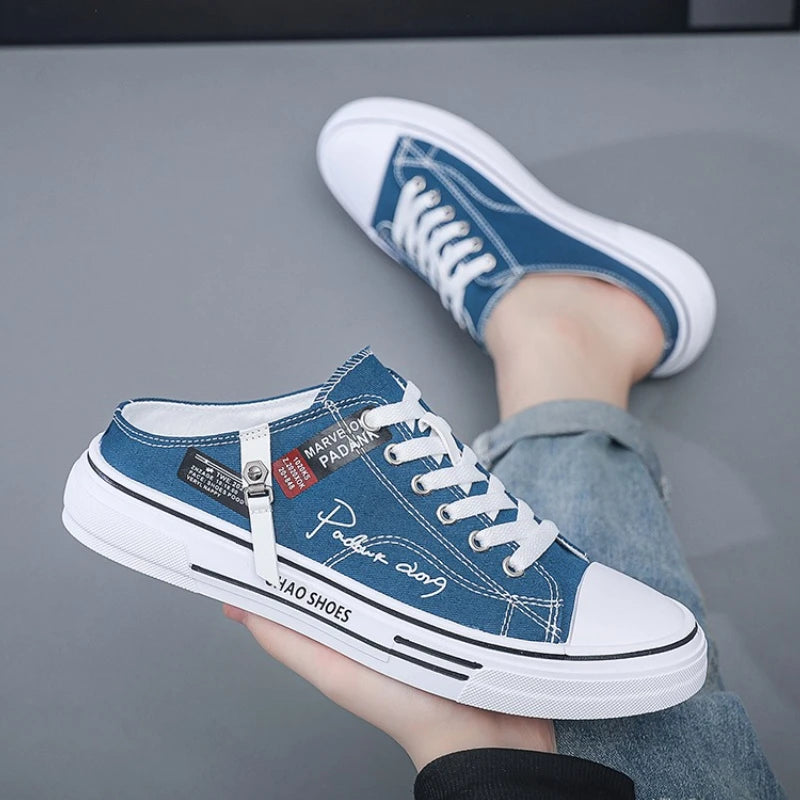 Men Half Slippers Fashion Low-top Canvas Shoes Men Outdoor Casual Walking Shoes Comfortable Breathable Men Vulcanized Shoes New Good Vibrations