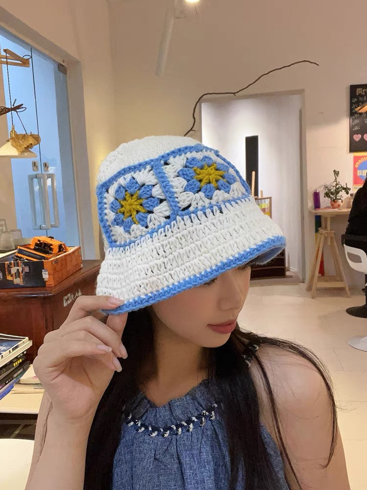 2024 Spring New Crochet Hat Korean Handmade Bucket Hat Women's Weaving Knitted Hat Y2k Fashion Flowers Autumn Winter Ins Beanies Good Vibrations