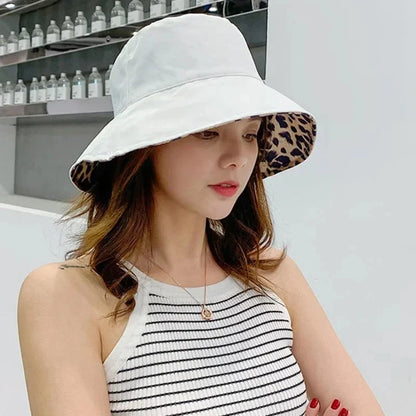 Fashion Leopard Reversible Breathable Cotton Bucket Hat Women Beach Panama Sun Hats Outdoor Wedding Party Travel Caps Chapeau Good Vibrations