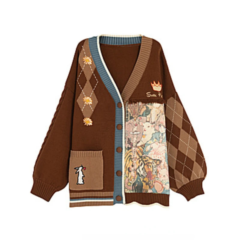 Kawaii Cartoon Embroidery Cardigan Women Vintage Jk Uniform Sweater Coat Autumn Girls Loose Y2k Knitted Tops Sueters De Mujer Good Vibrations