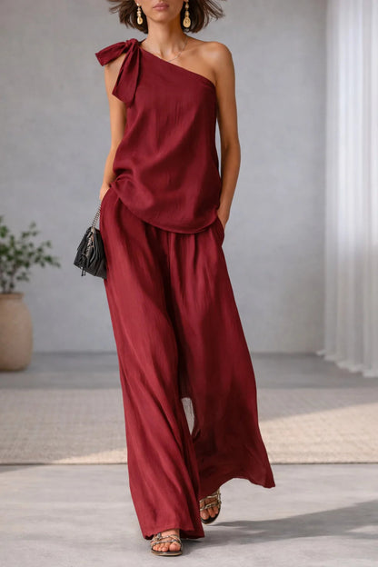 Women's 2 Piece Set 2026 Summer Sexy One Shoulder Tie Knot Top And Wide Leg Pants Suit Casual Loose Summer Beach Vacation Outfit Good Vibrations