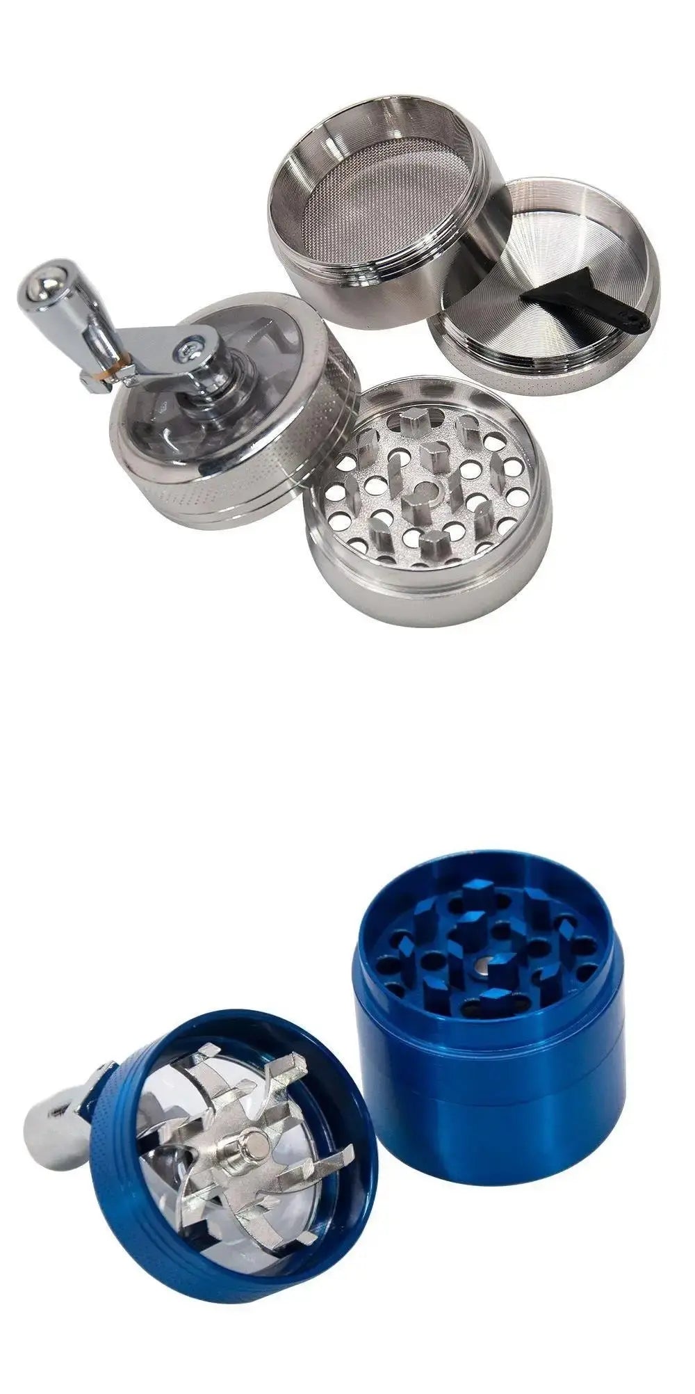 4-layer zinc alloy tobacco grinder in metal finish, showing opened and closed views.
